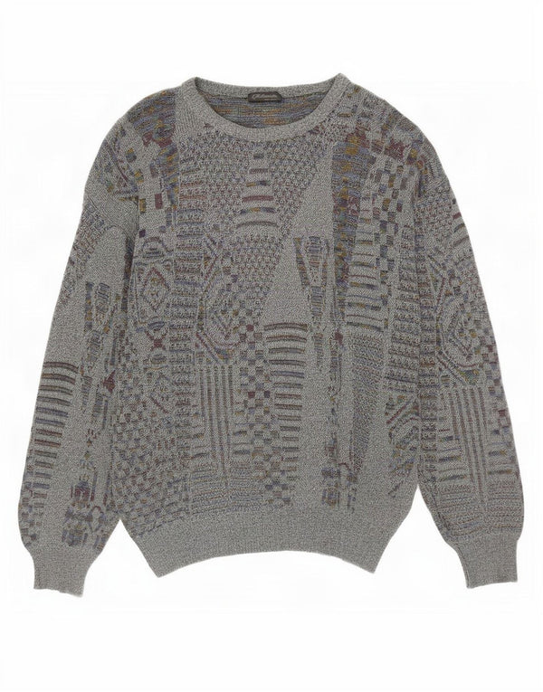 vintage Mens Crew Neck Jumper Pull Petit Gris Géométrique
