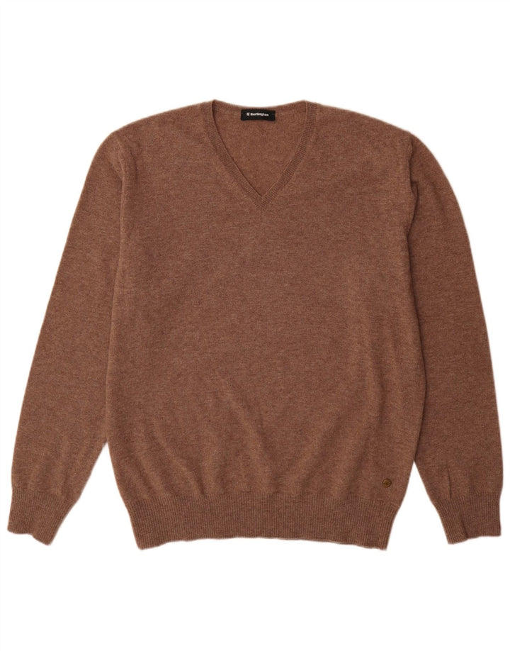 Burlington Pull col V pour homme en laine vierge marron Taille L