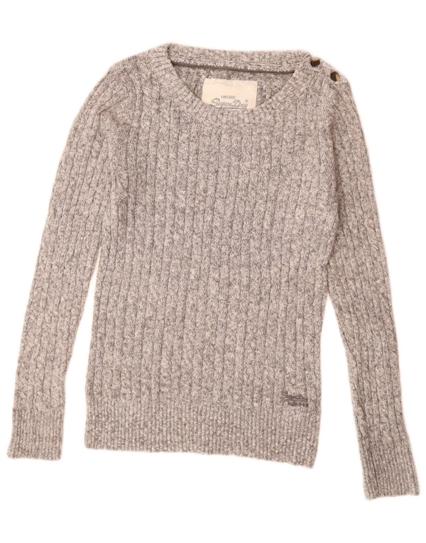 SUPERDRY Pull col bateau pour femme UK 14 Large Gris Moucheté Coton