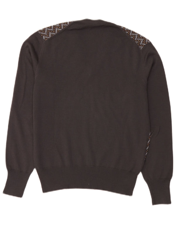 vintage Mens V-Col Jumper Sweater IT 50 Moyen Brun Géométrique