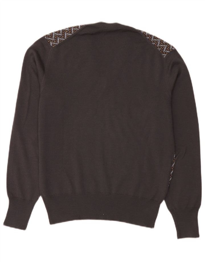 vintage Mens V-Col Jumper Sweater IT 50 Moyen Brun Géométrique