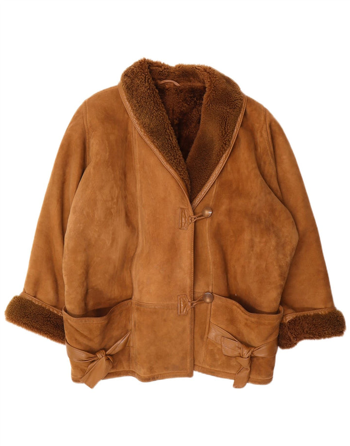 vintage Femmes 3/4 Manches Veste en peau de mouton surdimensionnée EU 46 XL Marron