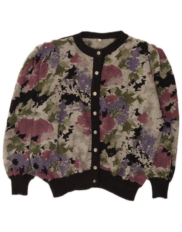 vintage Femme Cardigan Pull IT 48 XL Laine Florale Multicolore