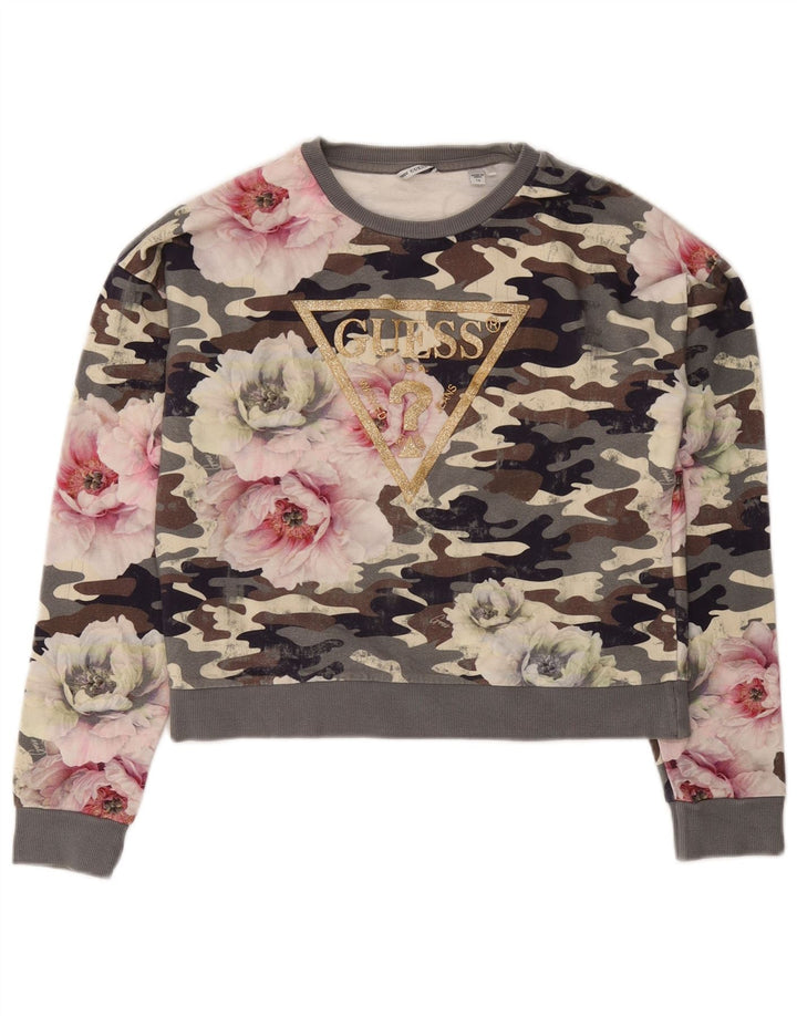 GUESS Sweat-shirt court graphique pour femme UK 16 Large Gris Camouflage