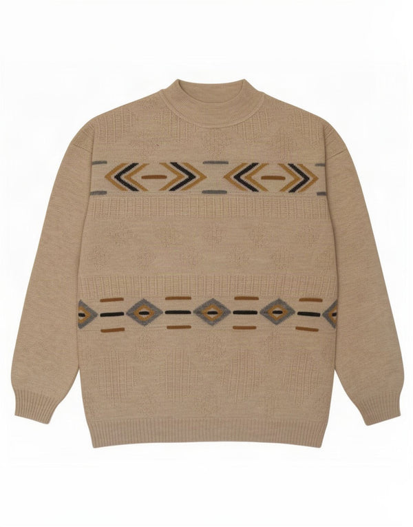 vintage Mens Crew Neck Jumper Pull IT 54 XL Beige Géométrique
