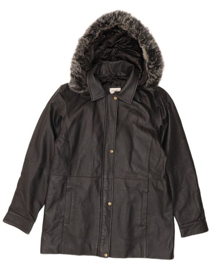 veste en cuir à capuche femme vintage UK 14 Medium Black