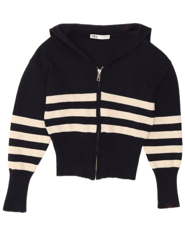 Zara Femme Crop Cardigan Pull Petit Bleu Marine Rayé Viscose