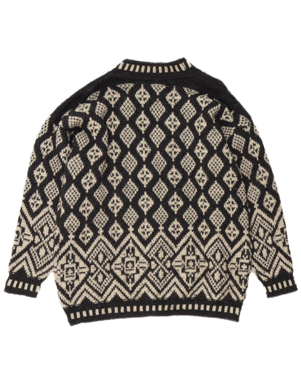 vintage Femme Cardigan Pull UK 16 Grand Black Fair Isle