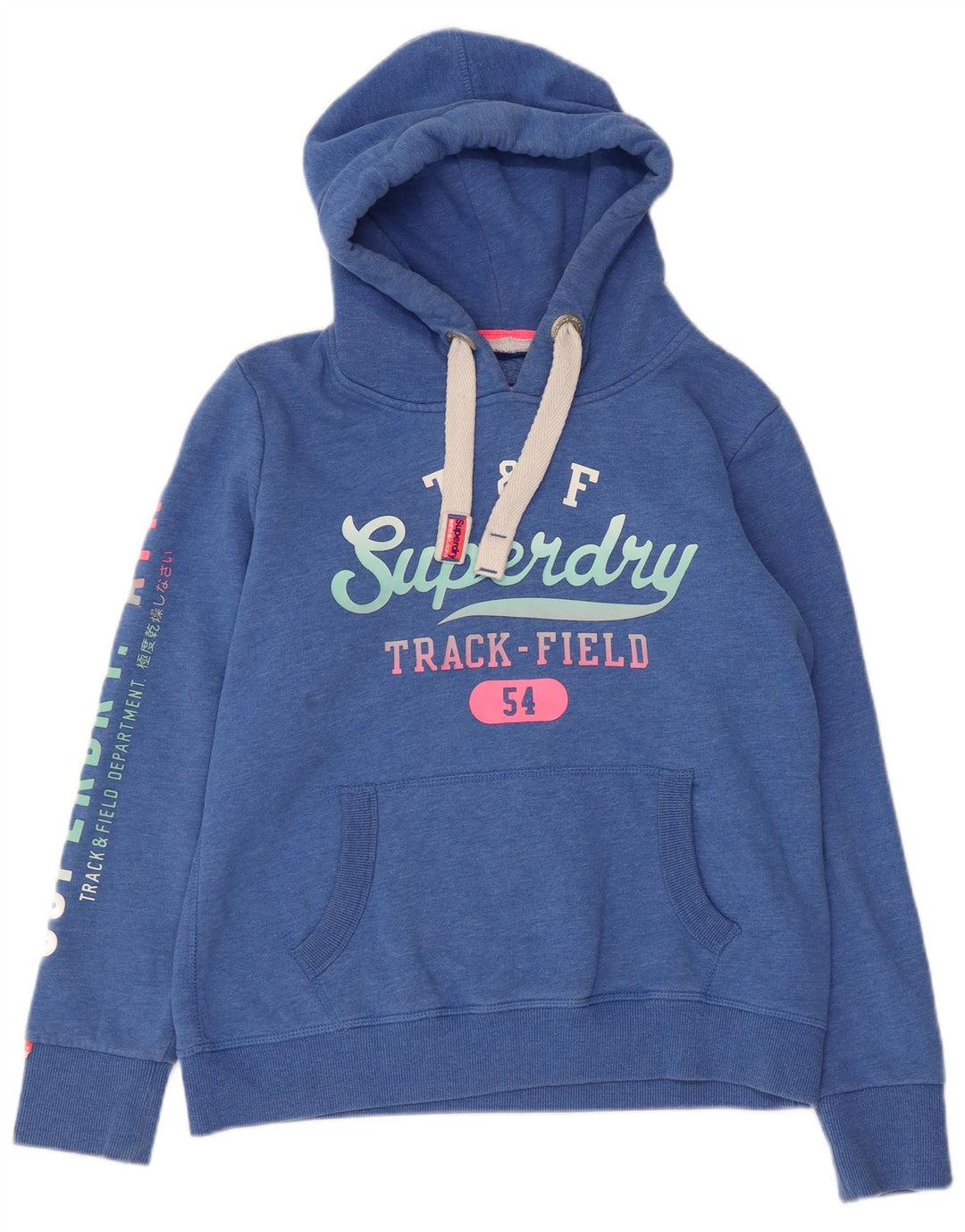 SUPERDRY Pull à capuche graphique pour femme UK 16 Grand coton moucheté bleu