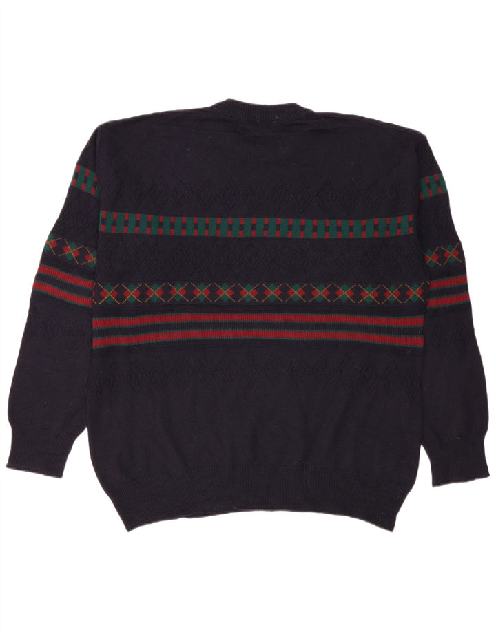 VINTAGE Homme Col Roulé Pull Pull IT 50 Grand Bleu Marine Géométrique