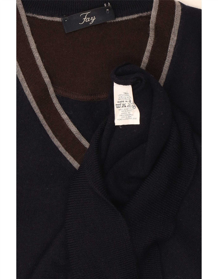 Fay Pull col V pour homme en laine vierge color block bleu marine moyen