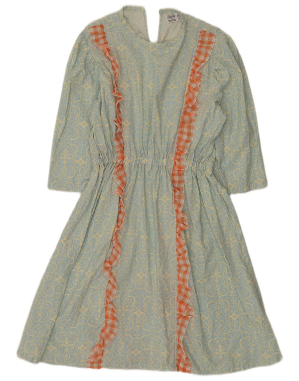 vintage Femmes 3/4 Manches A-Line Robe UK 12 Moyen Bleu Floral