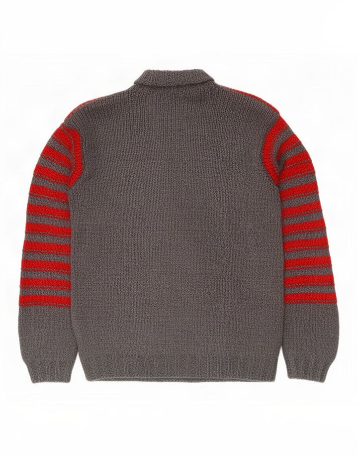 vintage Mens Roll Neck Jumper Pull Moyen Gris Rayé