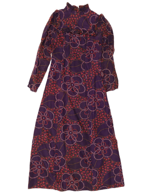 vintage Femme Manches Longues Maxi Robe EU 38 Moyen Violet Floral