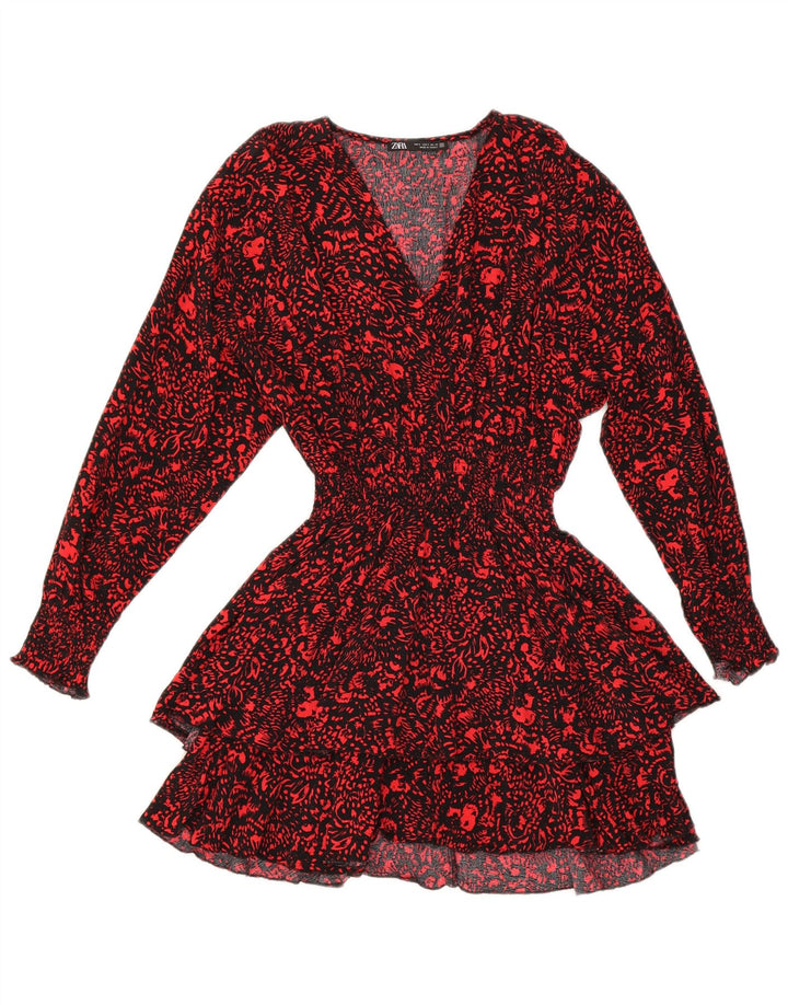 ZARA Womens Abstract Pattern Long Sleeve Tiered Dress UK 10 Small Red
