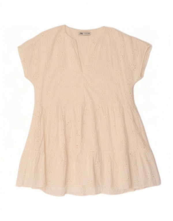 Zara Robe surdimensionnée à volants pour femme UK 16 Grand coton floral blanc cassé