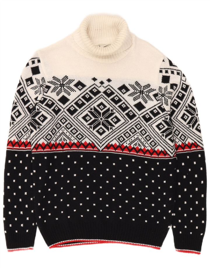 vintage Mens Roll Neck Jumper Pull Petit Noir Fair Isle