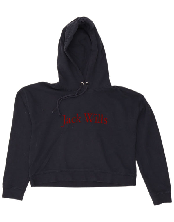 Jack Wills Pull à capuche court graphique pour femme UK 12 Bleu marine moyen Coton