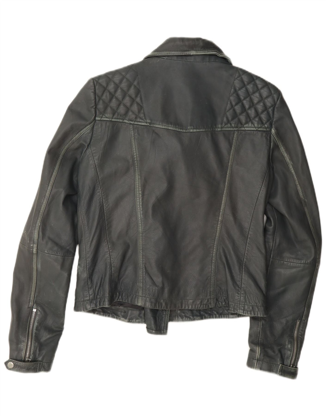 All Saints Veste de motard en cuir pour femme UK 12 Gris moyen