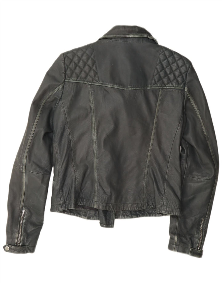 All Saints Veste de motard en cuir pour femme UK 12 Gris moyen
