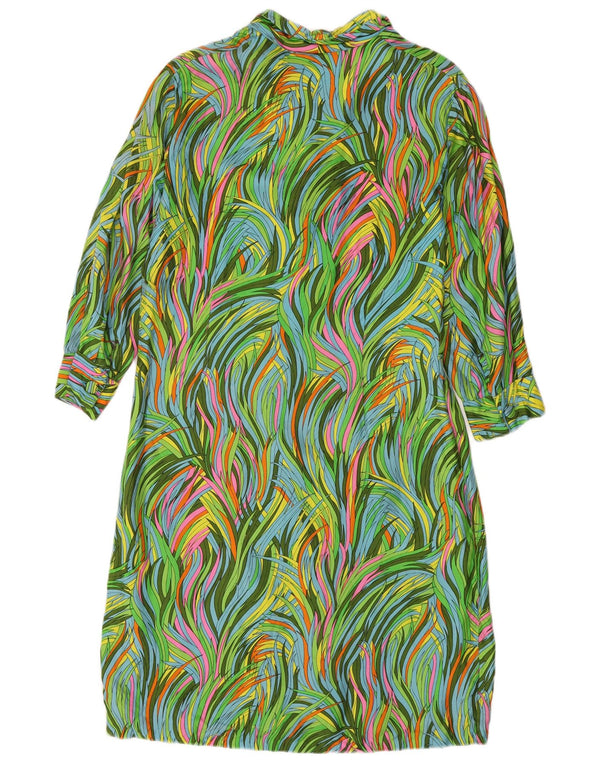 vintage Femmes Motif Abstrait 3/4 Manches Chemise Robe UK 12 Vert Moyen