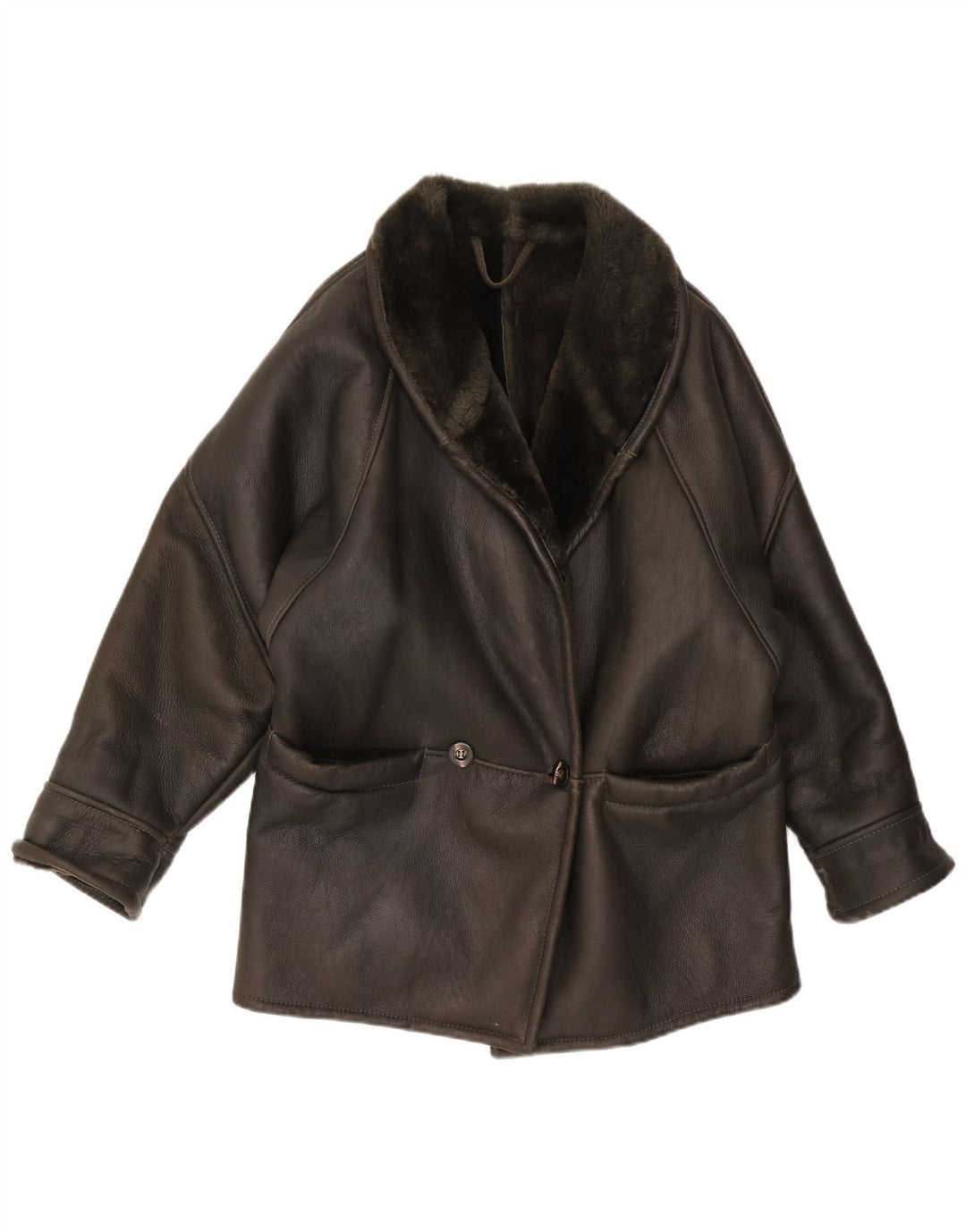 VINTAGE Veste en peau de mouton femme UK 16 Grand Noir