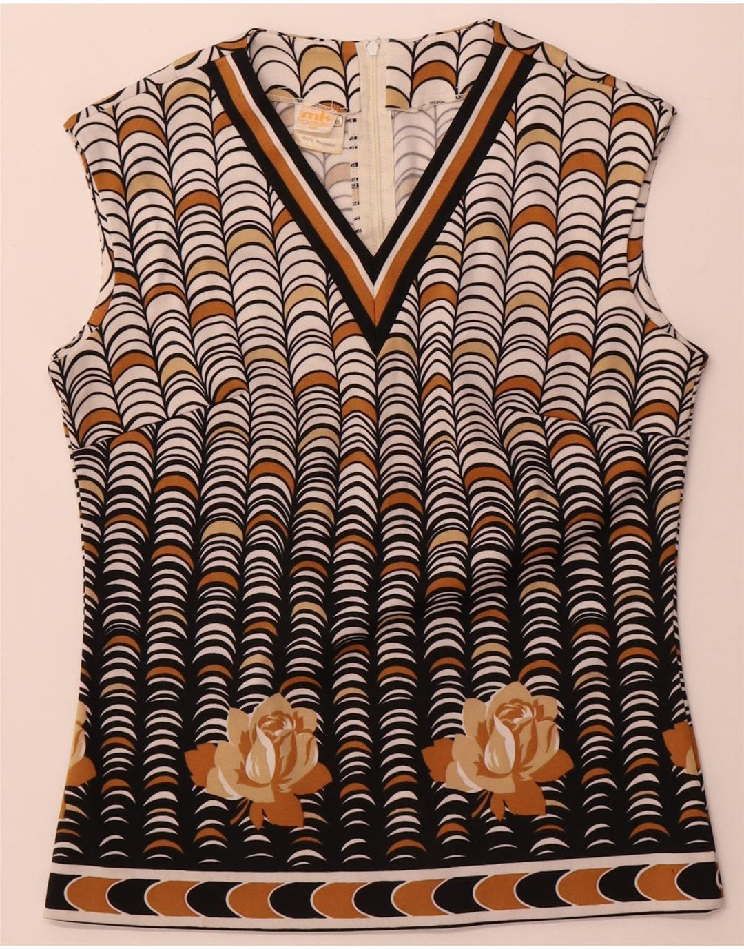 Blouse sans manches femme vintage Top IT 40 Petit Polyester Géométrique Beige