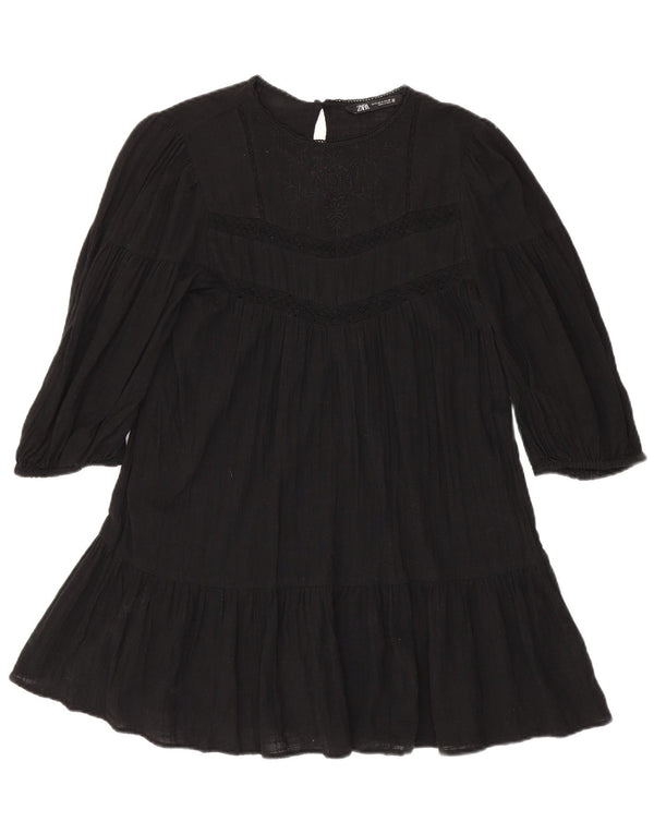 Zara Robe à volants à manches 3/4 pour femme UK 10 Petit coton floral noir