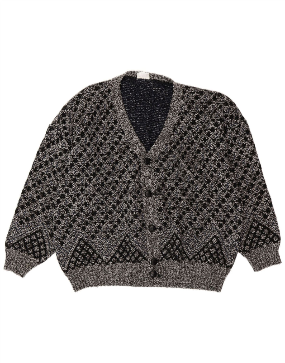 VINTAGE Homme Cardigan Pull XL Gris Géométrique Laine