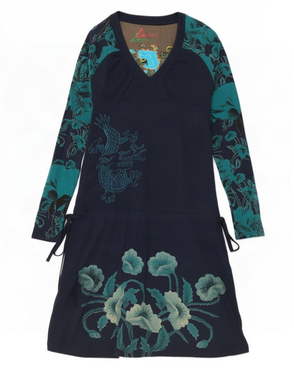 Desigual Robe trapèze graphique à manches longues pour femme UK 4 XS Bleu marine Floral
