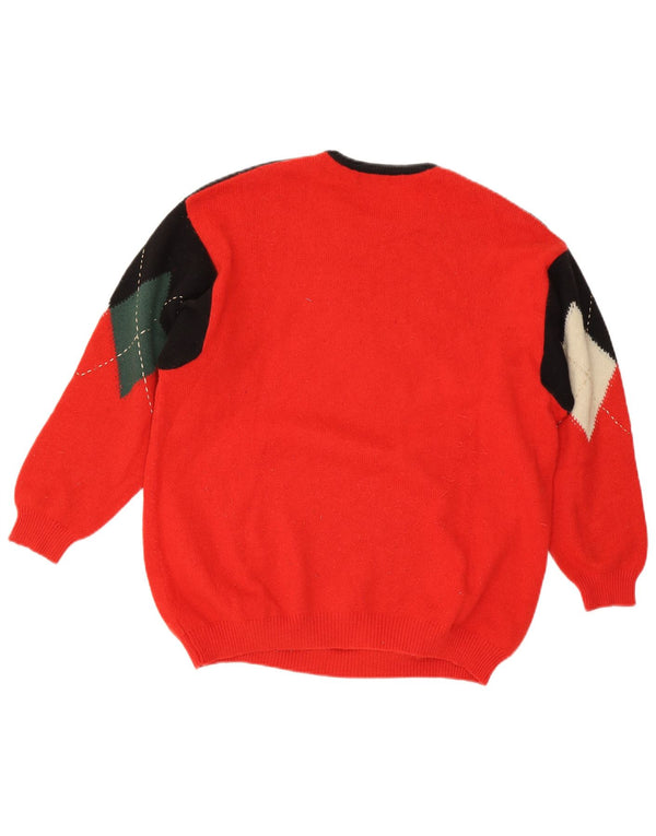 vintage Womens Crew Neck Jumper Sweater UK 14 Grande laine rouge Argyle/Diamond