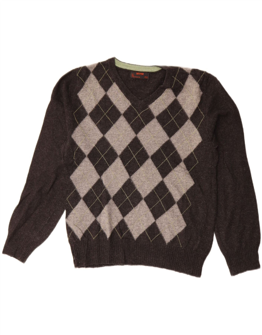 ZARA Pull col V pour homme Gris moyen Argyle/Diamond Wool