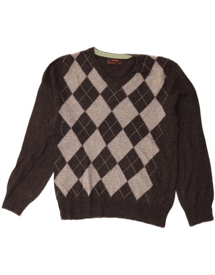 ZARA Pull col V pour homme Gris moyen Argyle/Diamond Wool