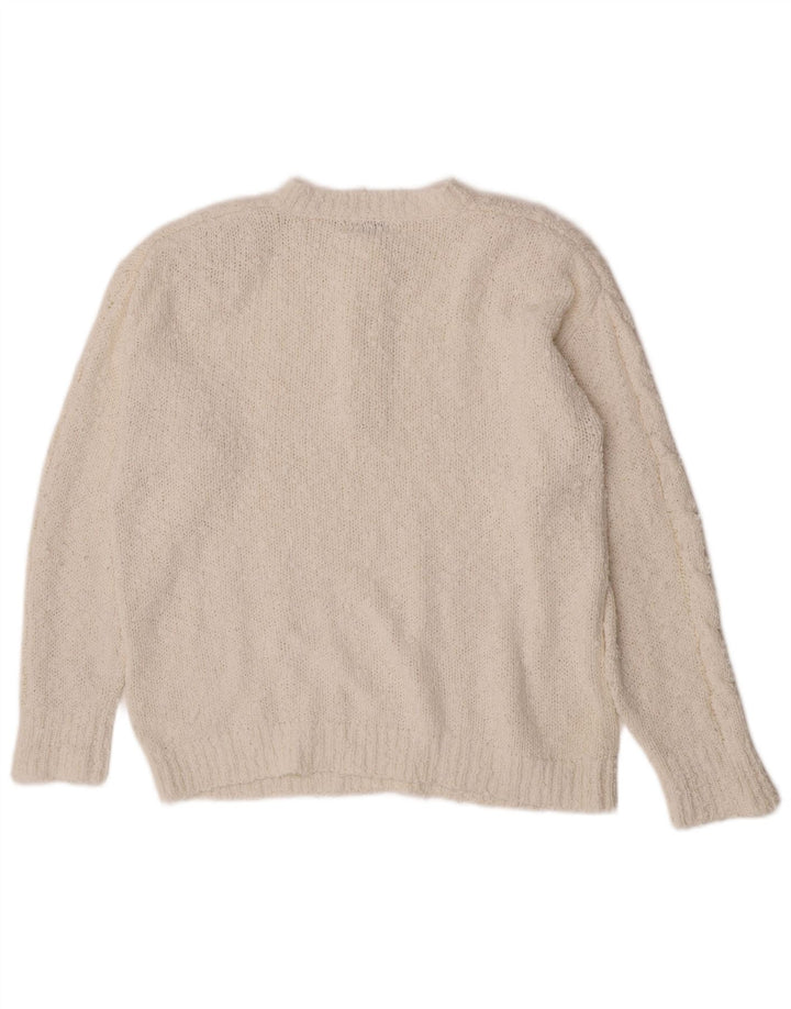 vintage Womens Button Neck Jumper Pull UK 14 Moyen Blanc Acrylique