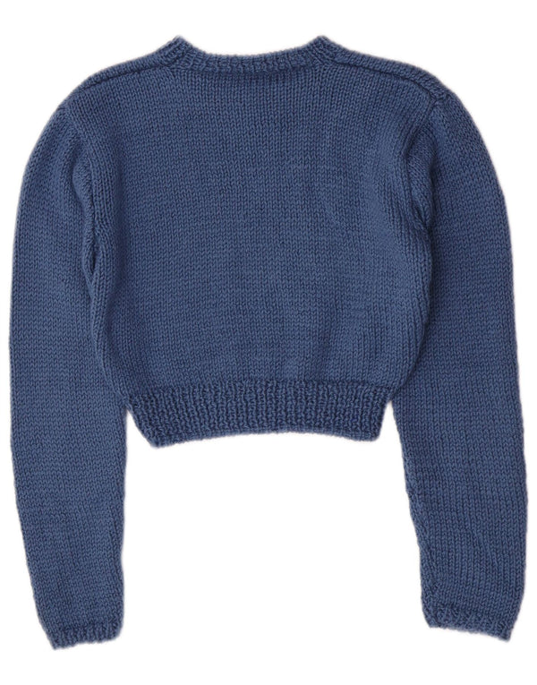 vintage Womens Crop Boat Neck Jumper Pull UK 8 Petit Bleu