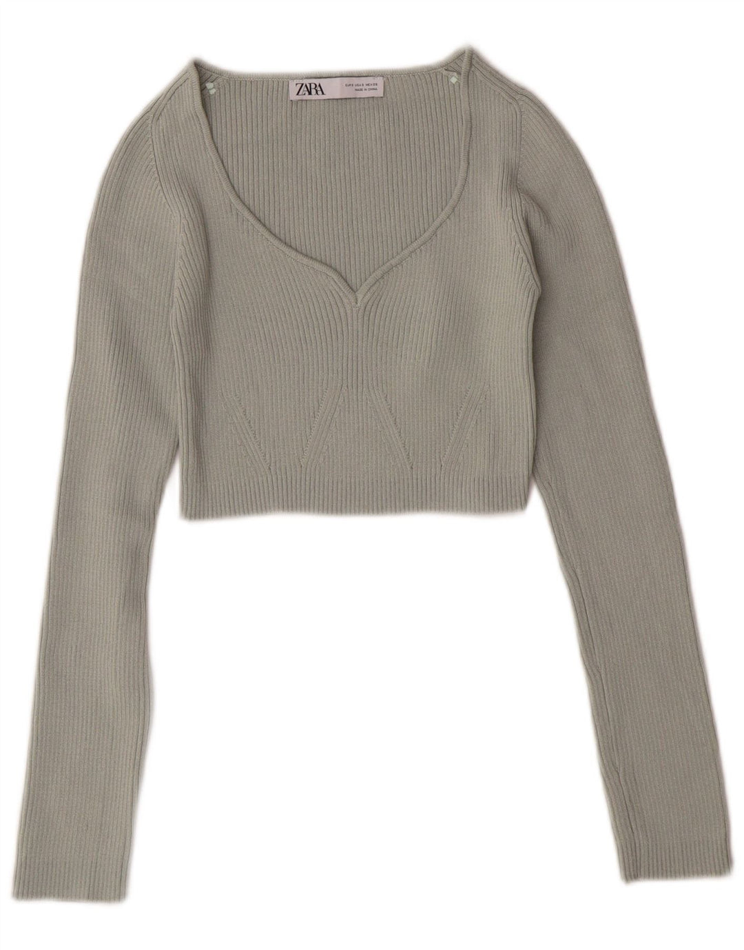 ZARA Pull court à col en V pour femme UK 8 Small Vert Polyester