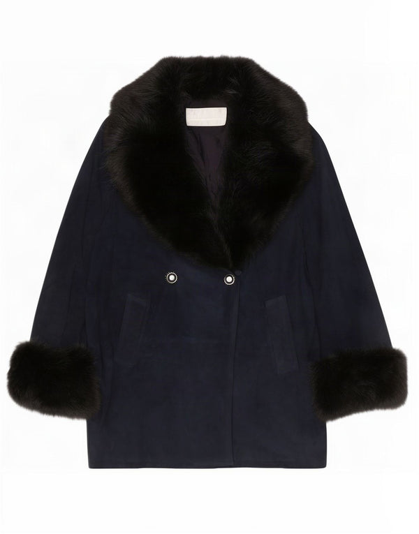 Pancaldi & B Manteau croisé en daim pour femme UK 18 XL en peau de mouton bleu marine
