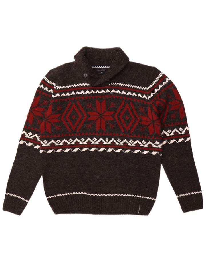 vintage Homme Col Châle Pull Pull Gris Moyen Fair Isle