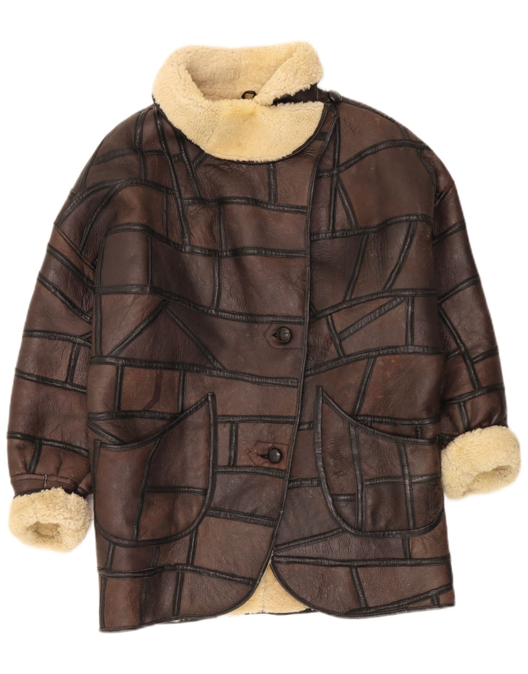 Manteau en peau de mouton femme vintage UK 18 XL Patchwork Marron