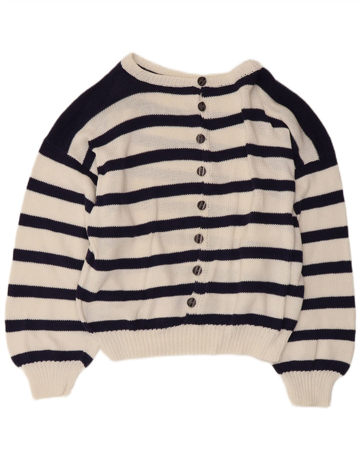 VINTAGE Femme Col Bateau Pull Pull UK 14 Grand Bleu Marine Nautique