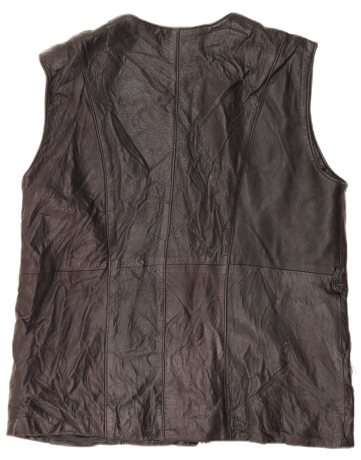 VINTAGE Gilet en cuir femme UK 16 Grand Noir