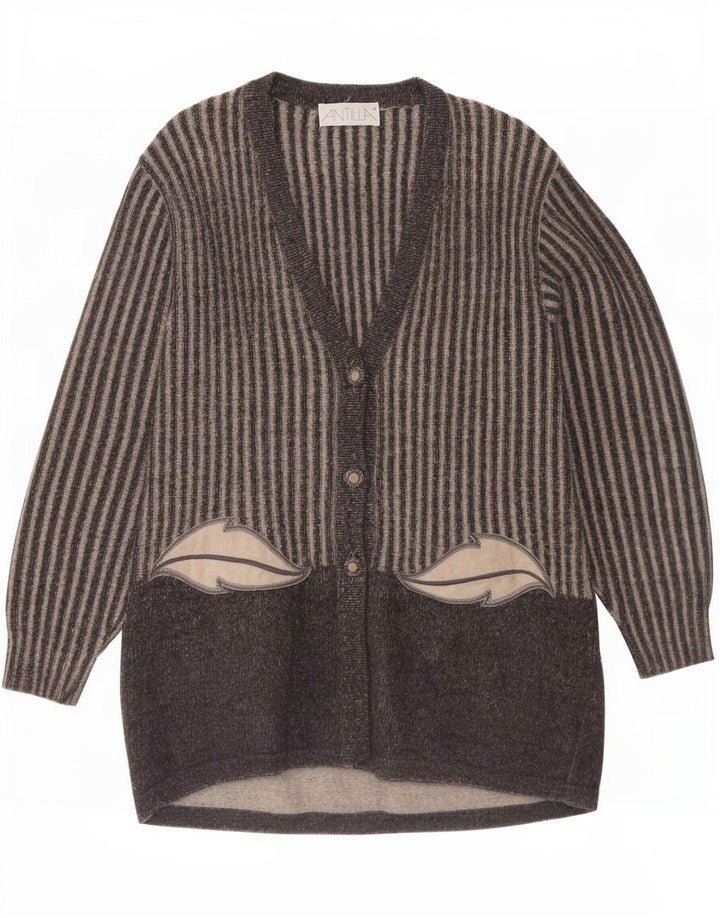 vintage Womens Longline Cardigan Sweater UK 14 Laine rayée gris moyen