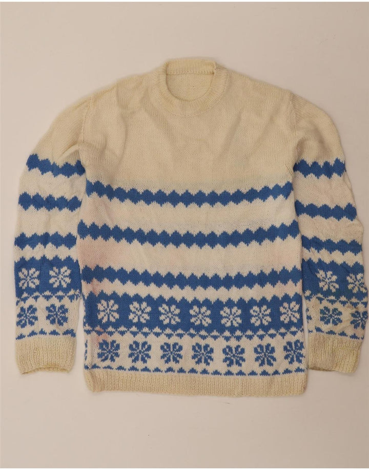 VINTAGE Pull à col rond pour homme Medium Off White Fair Isle