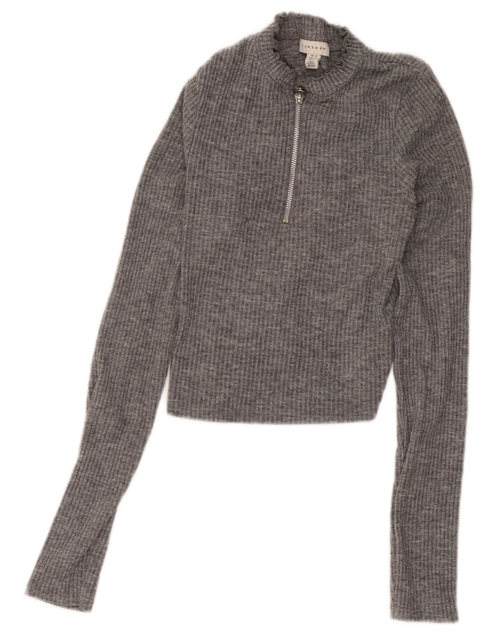 Topshop Top court à col zippé pour femme UK 10 Petit gris moucheté en polyester