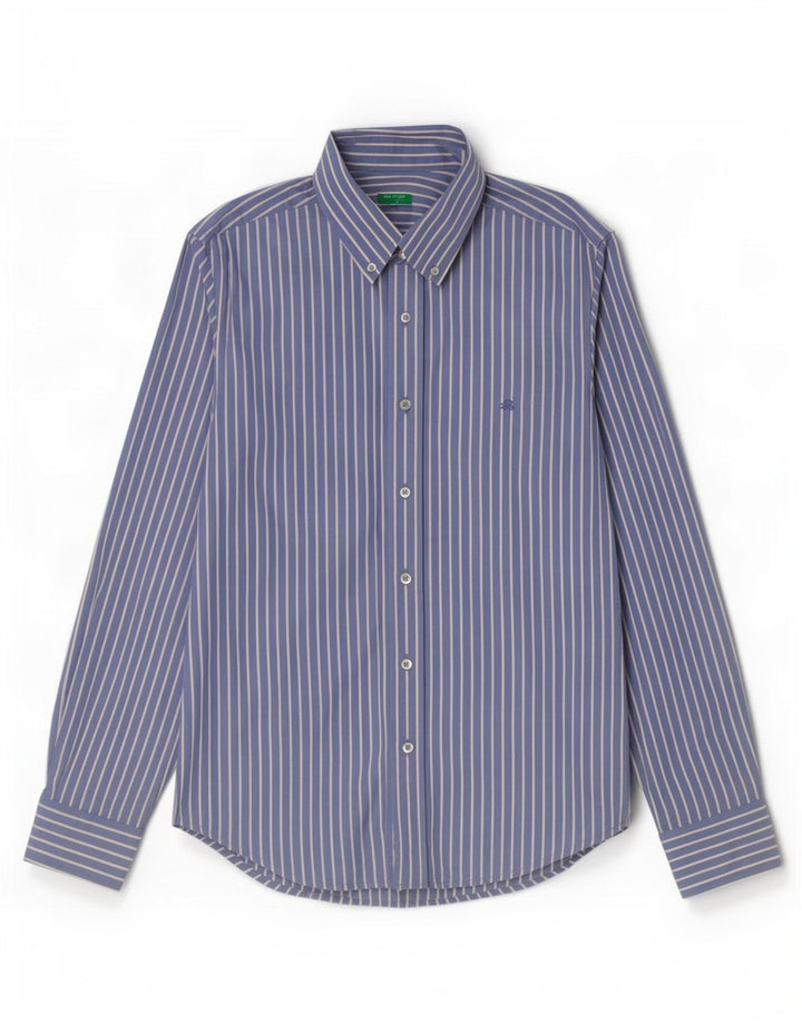 Benetton Chemise Homme Bleu Moyen En Coton À Fines Rayures