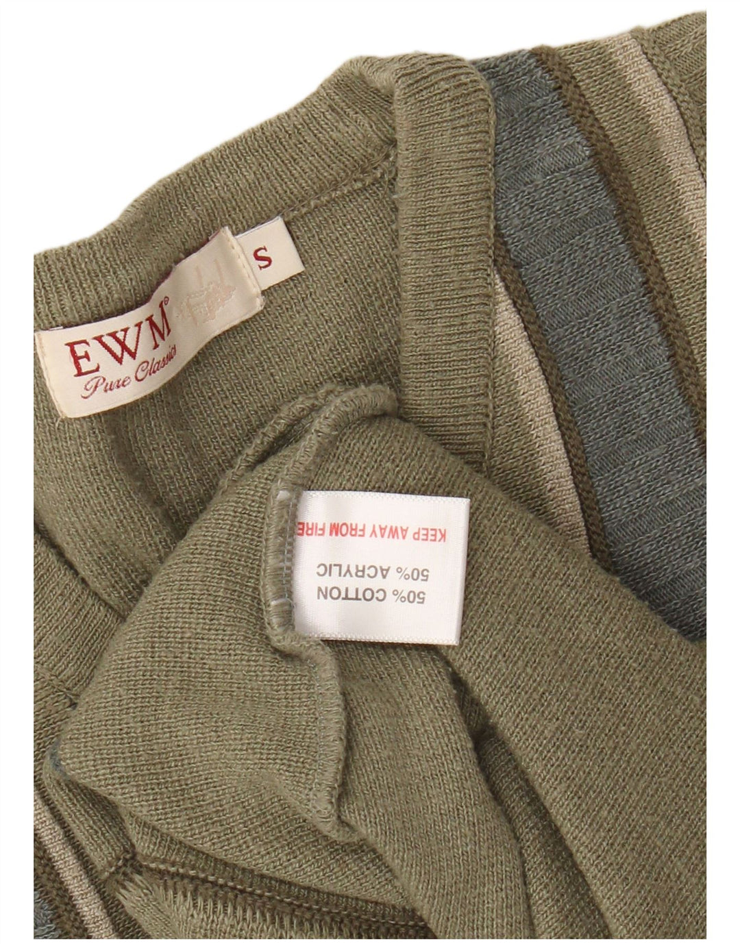EWM Pull col en V pour homme Petit coton rayé kaki