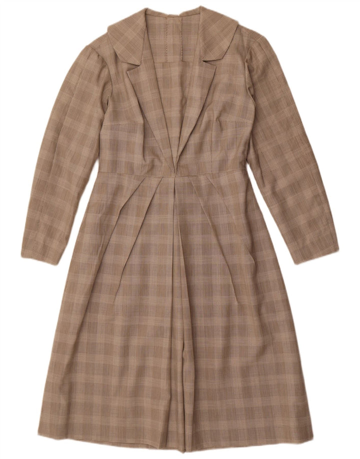 vintage Femme Manches Longues A-Line Robe UK 12 Moyen Gris Check