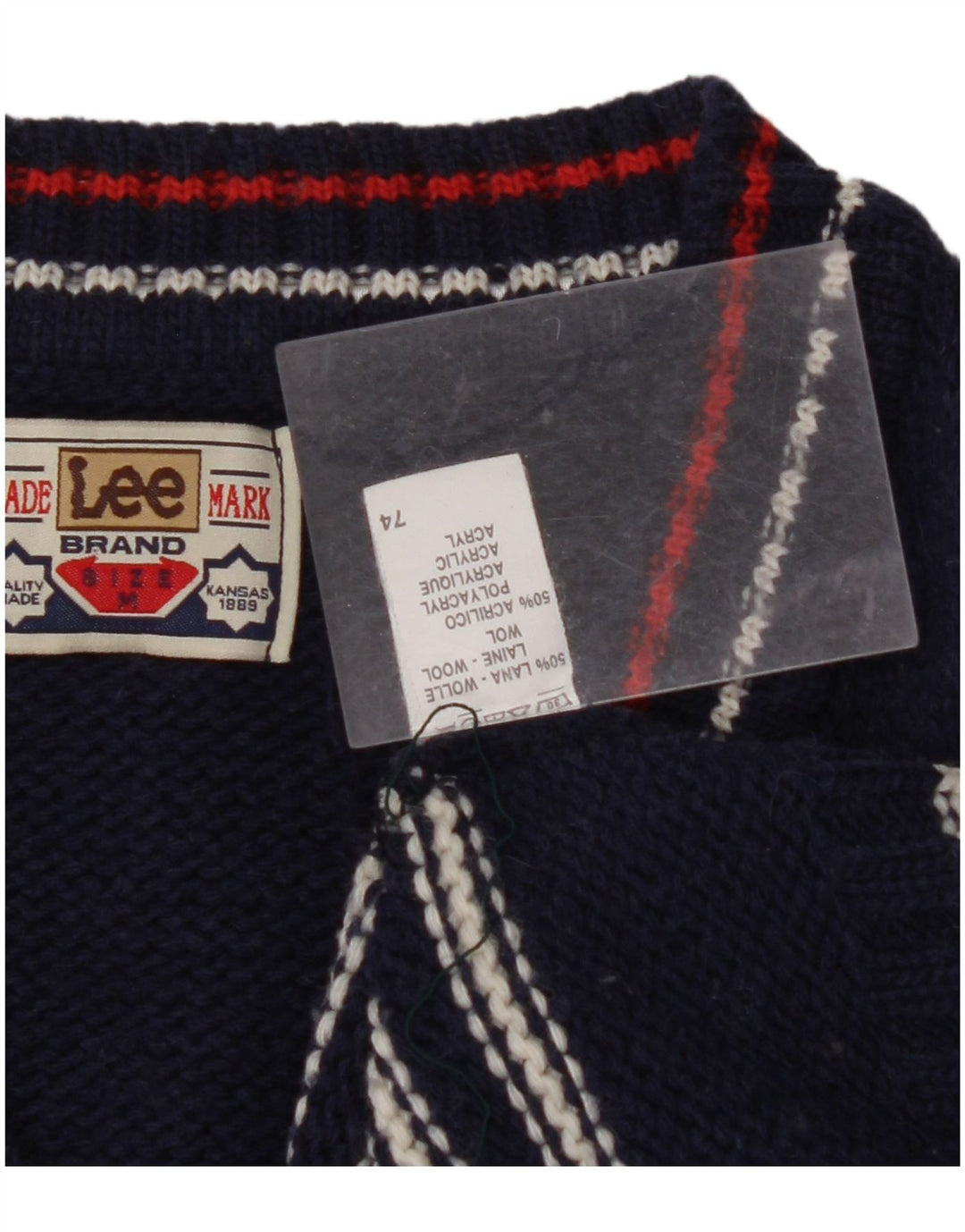 LEE Mens V-Neck Jumper Sweater Medium Navy Blue Striped Wool