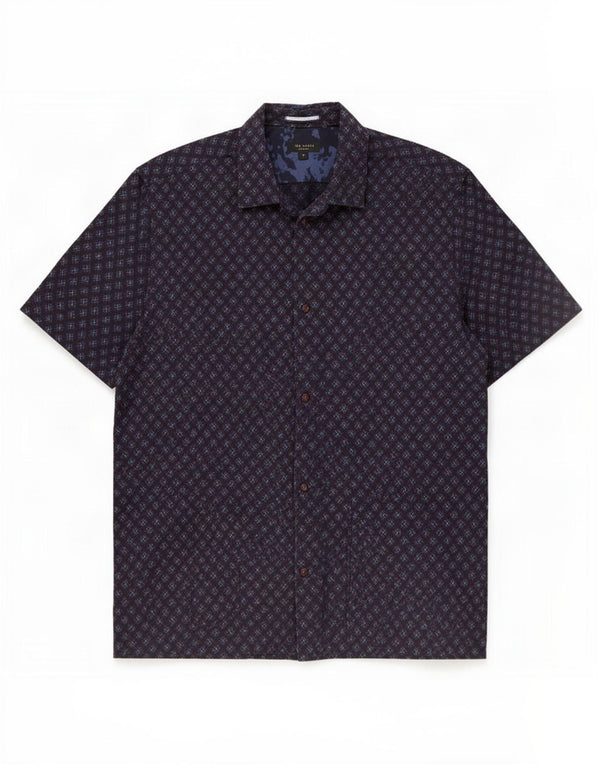 Ted Baker Chemise à manches courtes pour homme Taille 5 XL Bleu marine Coton géométrique