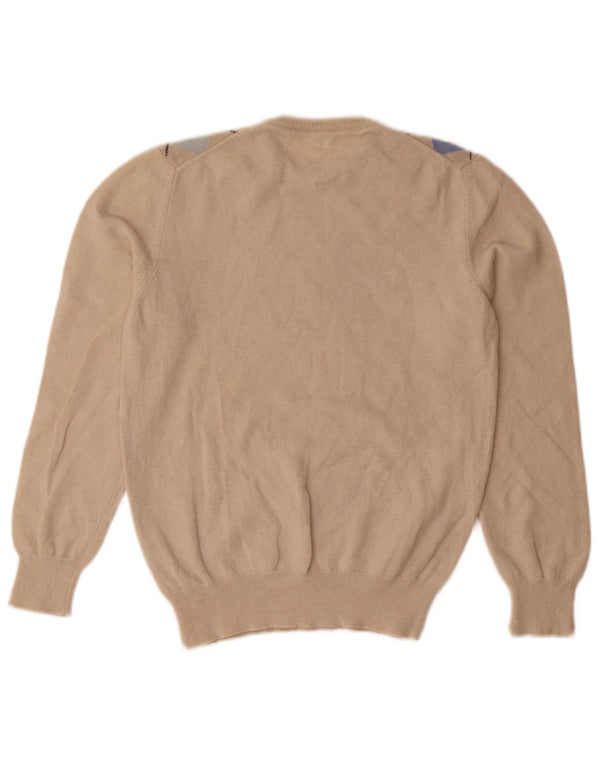 vintage Femme Crew Neck Jumper Pull UK 8 Petit Beige Argyle/Diamant